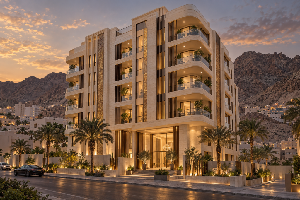 تصميم توضيحي لعمارة بشرفات منحنية في مكة