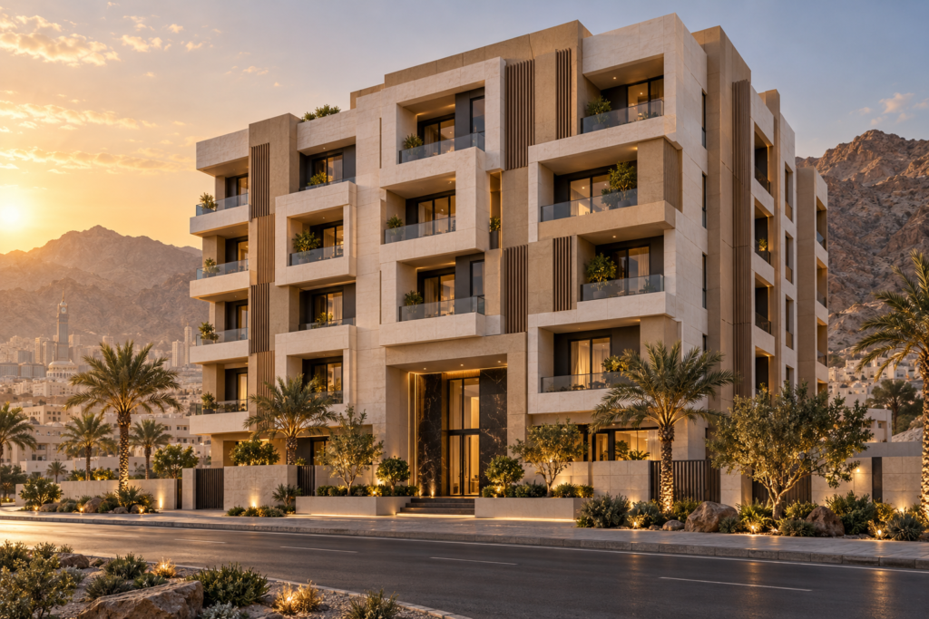 تصميم توضيحي لعمارة بواجهة هندسية في مكة